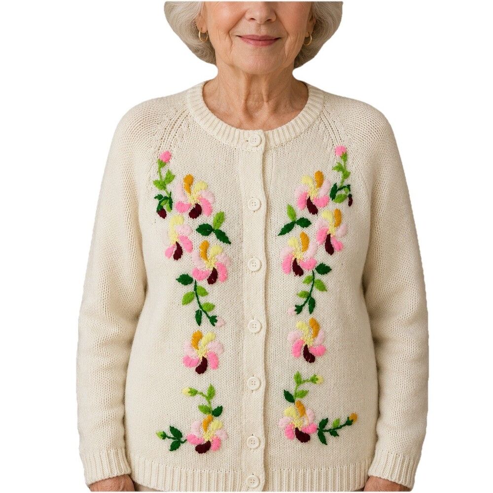 Vintage Cardigan Sears Womens Sz M Ivory Floral Embroidered Sweater Button Front